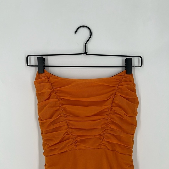Club L London Negroni Ruched Mesh Strapless Corset Bandeau Orange Midi Dress - Picture 1 of 8